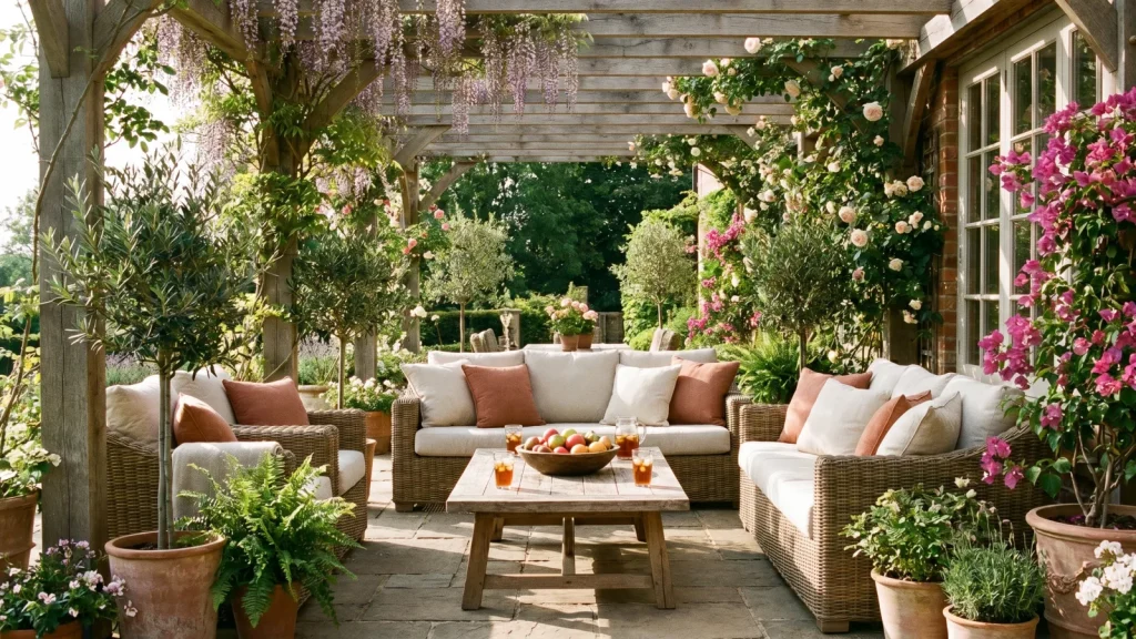 Pergola en bois sur une terrasse ensoleillée