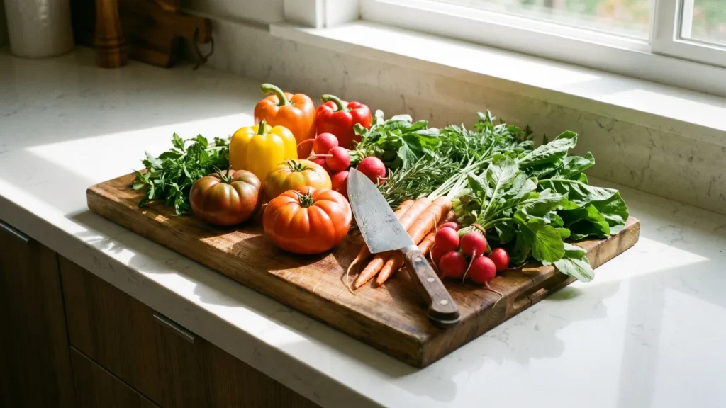 Planche à découper en bois avec légumes