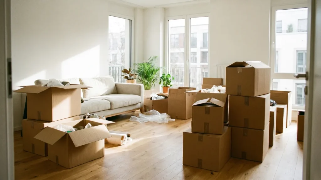 Cartons de déménagement dans un salon