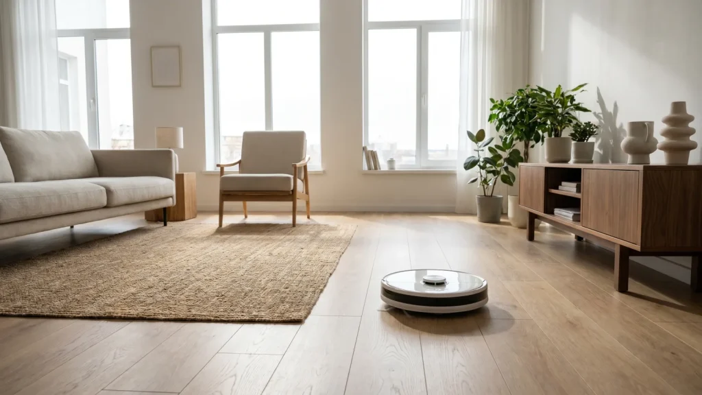Aspirateur robot sur parquet de salon