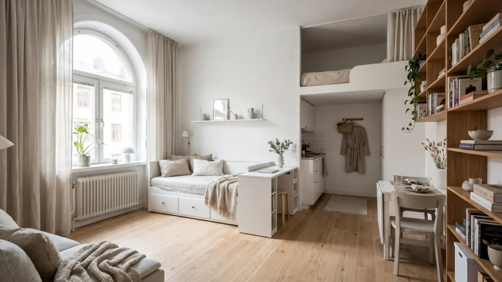 Petit studio scandinave lumineux aménagé avec mobilier gain de place