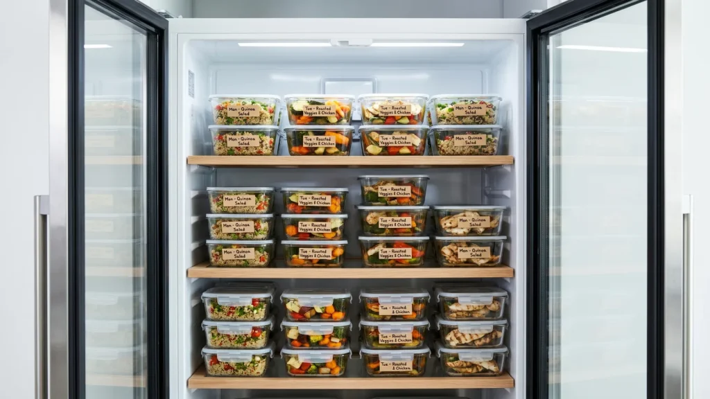 Contenants en verre de batch cooking rangés et étiquetés dans un réfrigérateur