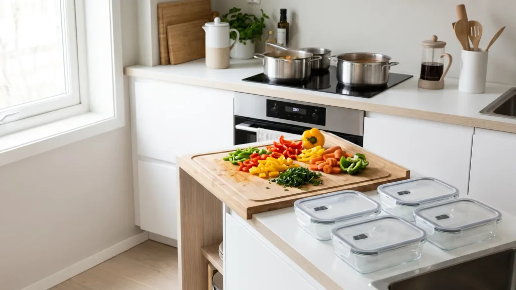 Plan de travail lumineux pendant une session de batch cooking avec légumes découpés