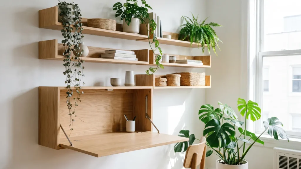 Bureau mural rabattable et étagères flottantes dans un petit appartement