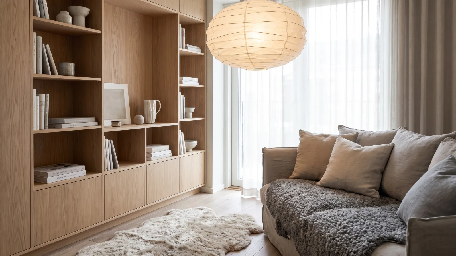 Coin lecture cosy de style scandinave avec plaid en laine et lumière douce