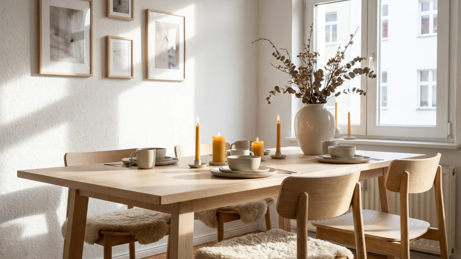 Coin repas scandinave en bois clair avec céramique mate et bougies