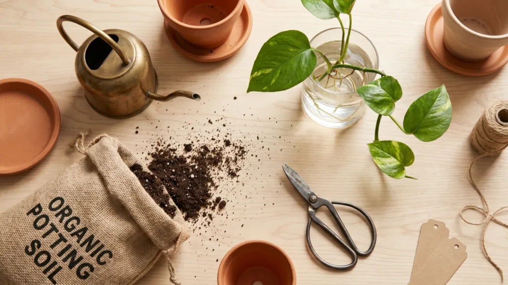 Materiel d'entretien des plantes d'interieur : arrosoir, pots en terre cuite et bouture de pothos