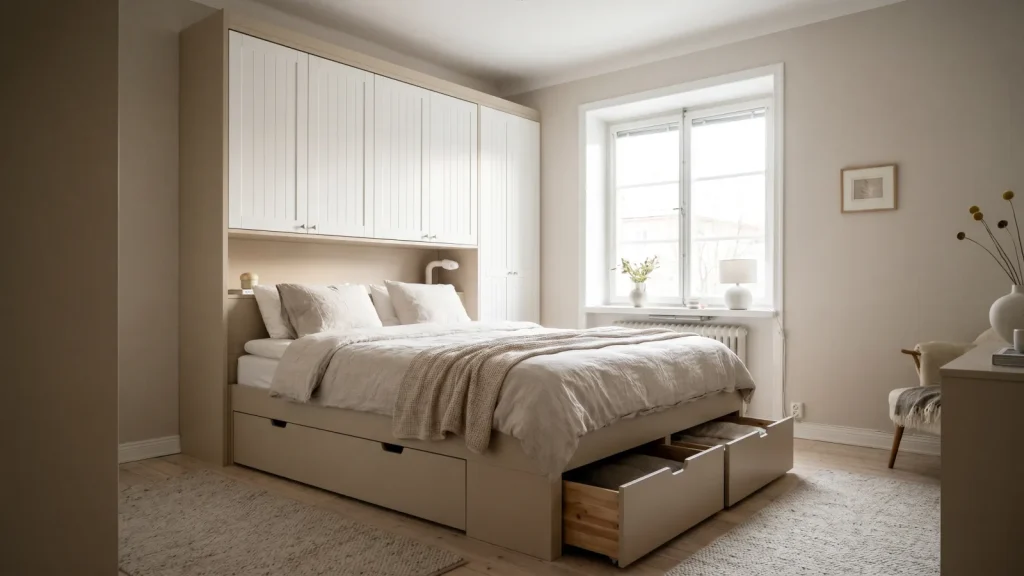 Lit avec rangements intégrés dans une petite chambre lumineuse