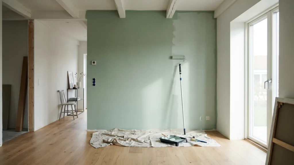 Chambre scandinave claire en cours de peinture au rouleau