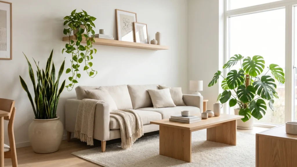 Salon scandinave lumineux avec plantes d'interieur faciles d'entretien : pothos, sansevieria et monstera