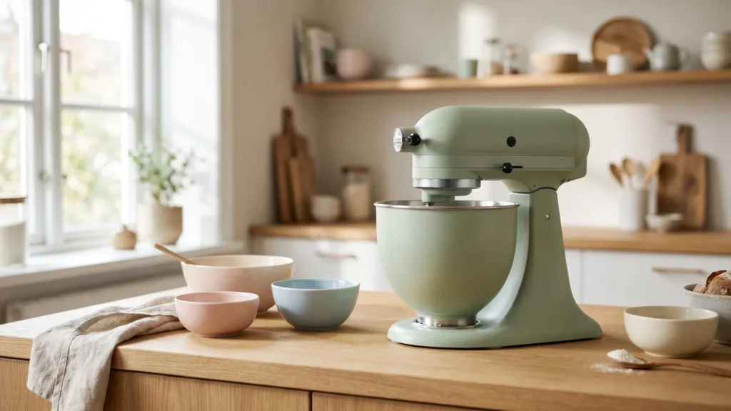 Robot pâtissier posé sur un plan de travail de cuisine scandinave lumineuse