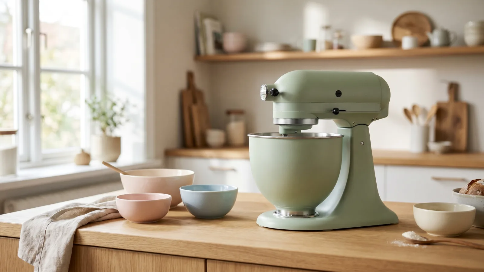 Robot pâtissier posé sur un plan de travail de cuisine scandinave lumineuse