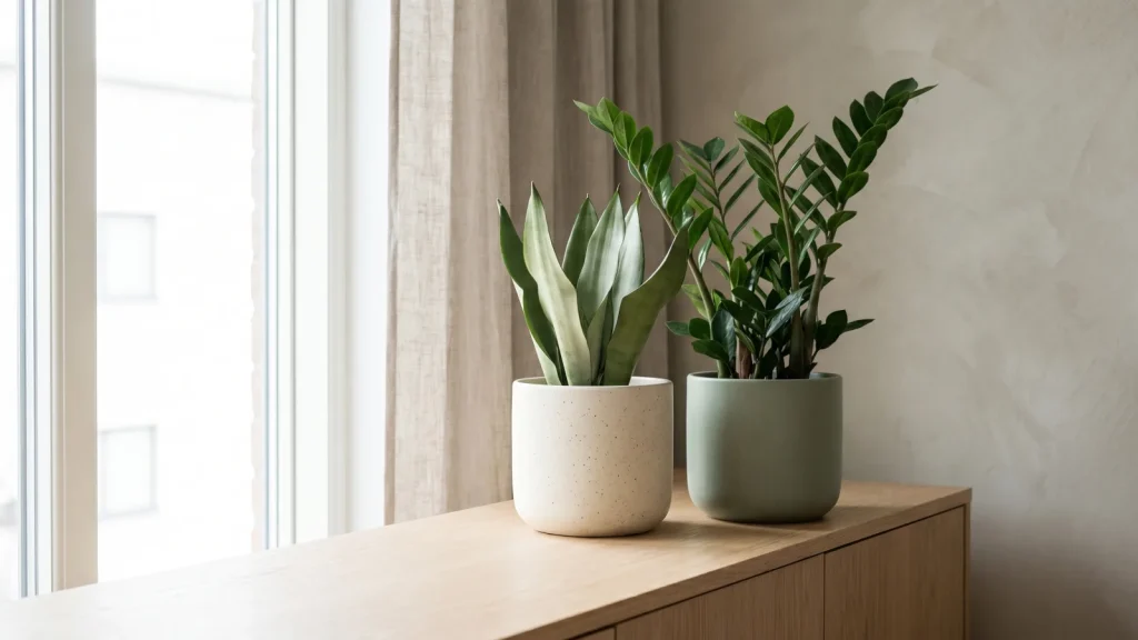 Sansevieria et ZZ plant en pots ceramique pres d'une fenetre, plantes d'interieur faciles