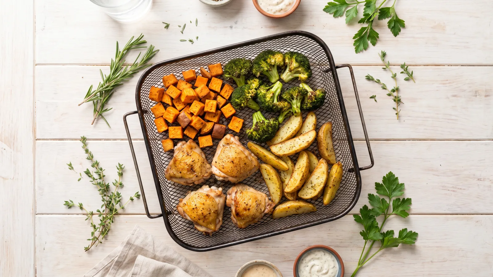 Panier d air fryer avec légumes et poulet croustillant