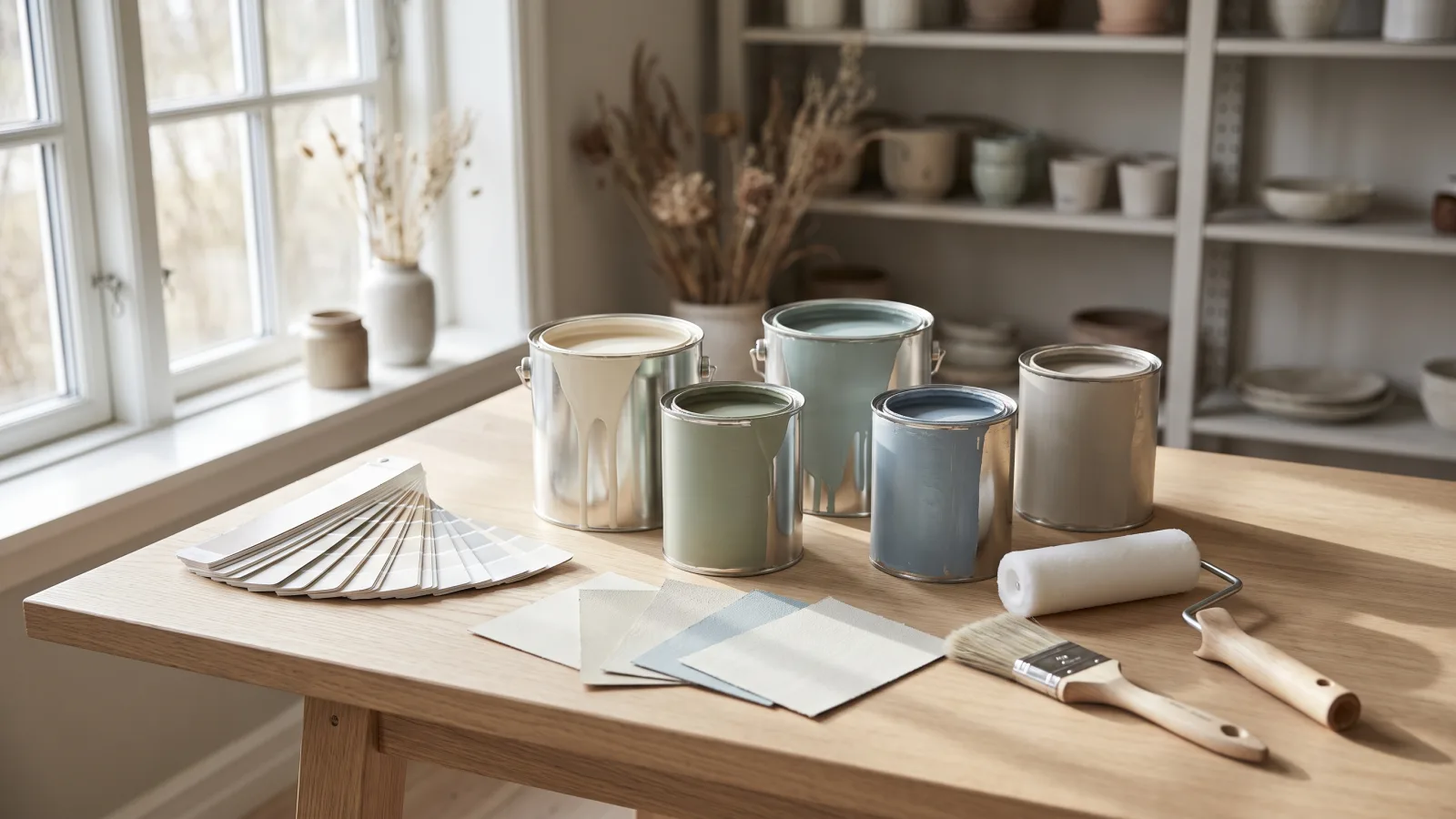 Choisir sa peinture : pots et nuancier Pots de peinture ouverts et nuancier sur un établi en bois clair pour choisir sa peinture