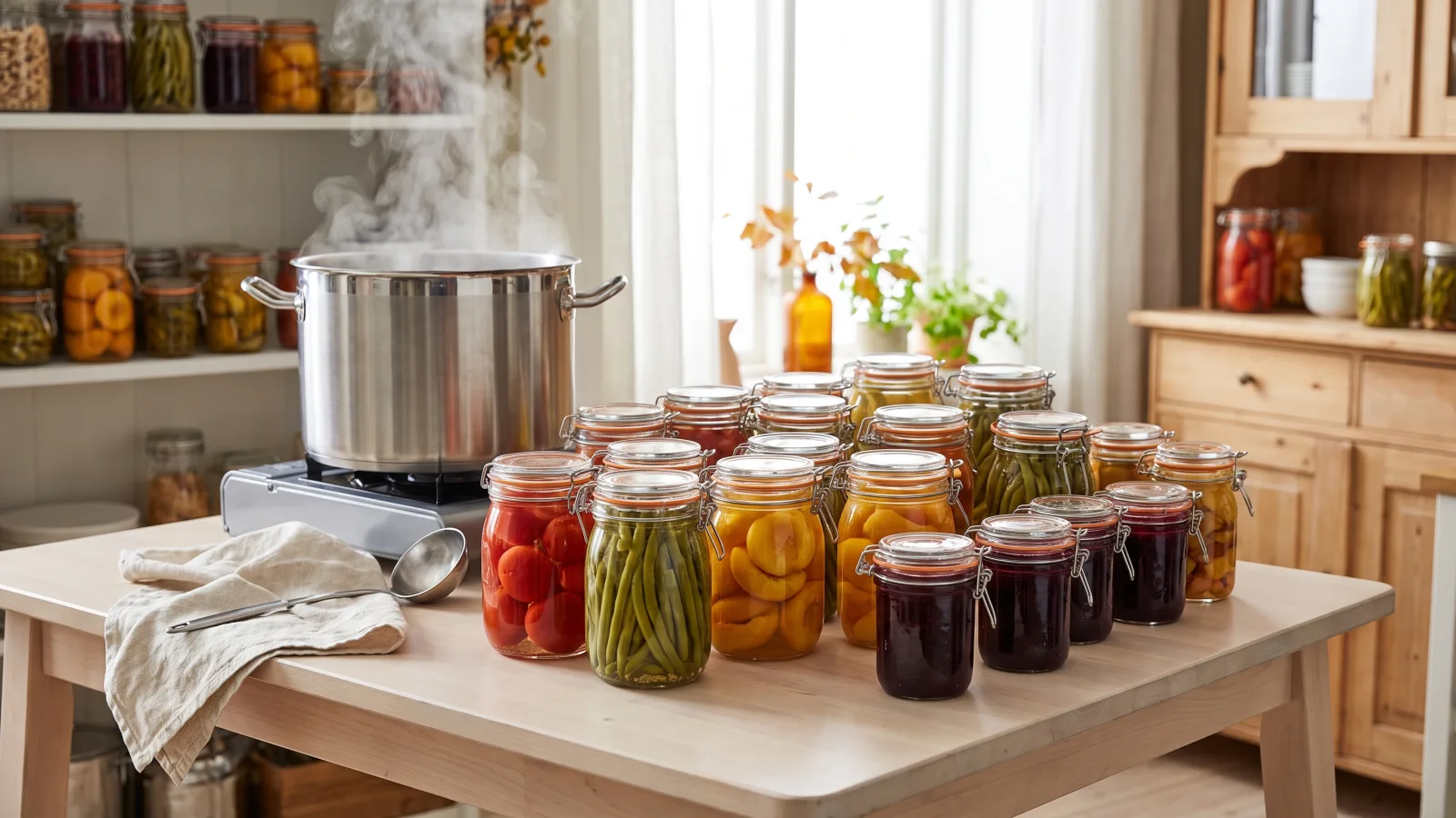 Bocaux stérilisés de tomates, haricots et confiture posés sur une table en bois