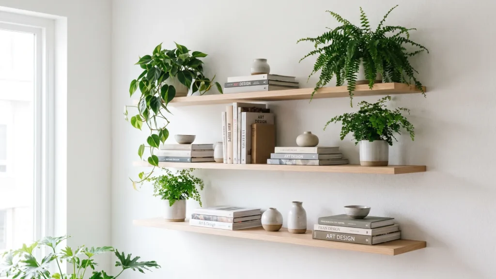 Étagères murales en bois clair fixées et décorées de plantes et livres