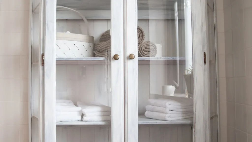 Armoire à linge blanche avec des serviettes pliées rangées en piles