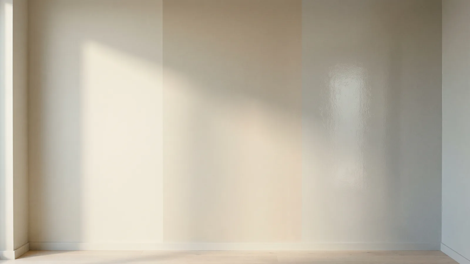 Finitions mate, satinée et brillante comparées Mur intérieur peint en finition mate, satinée et brillante sous une lumière rasante