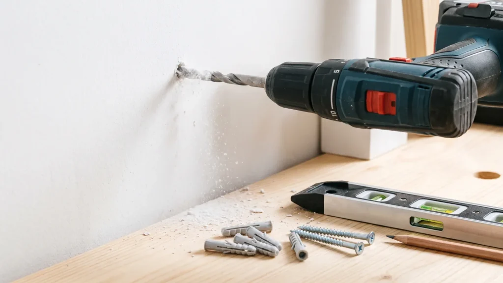 Perceuse, chevilles et vis prêts à fixer une étagère murale