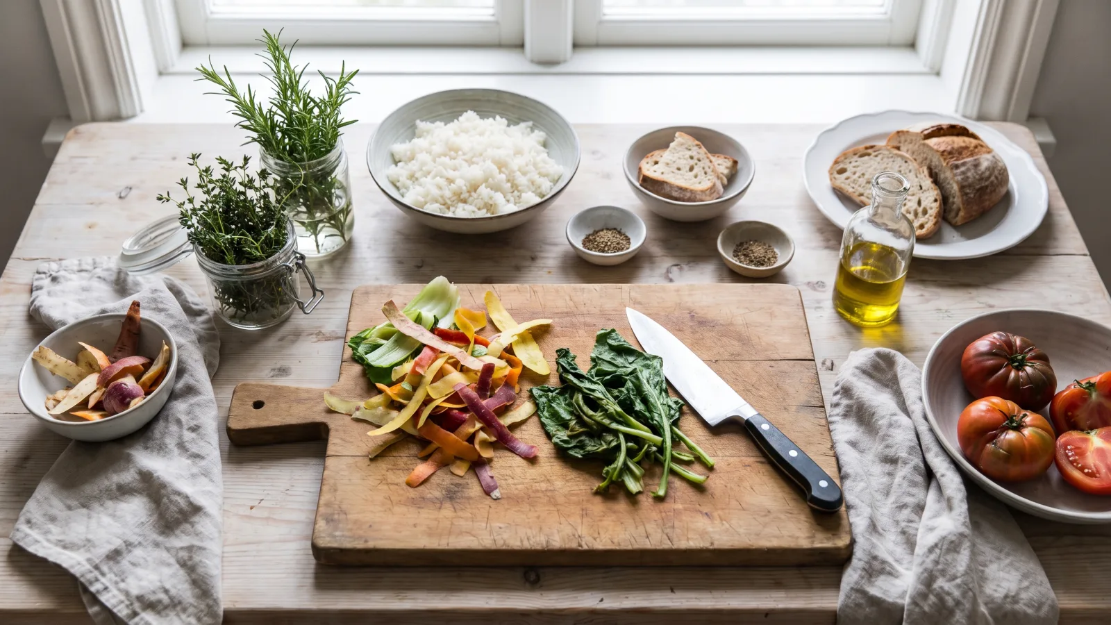 Ingrédients et restes prêts à être cuisinés en recettes anti-gaspillage