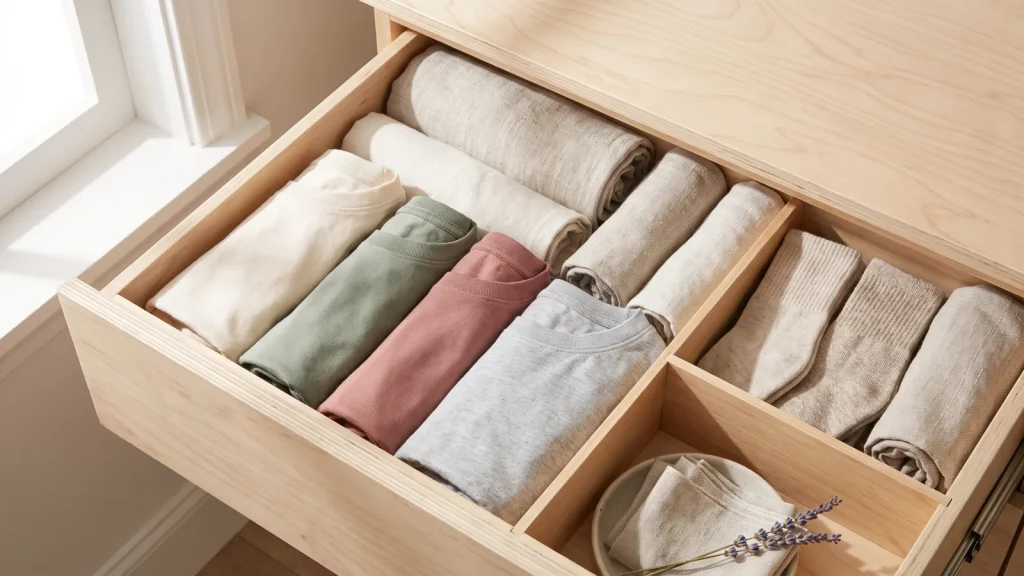Tiroir de dressing rangé avec vêtements pliés selon la méthode KonMari